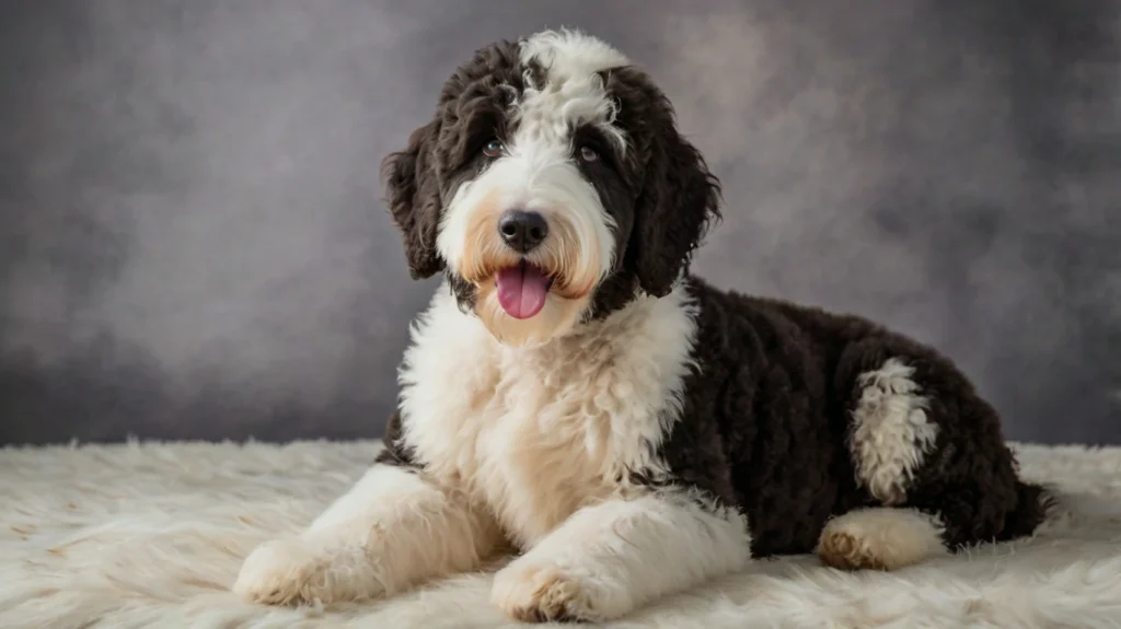 Collage featuring an Old English Sheepdog and a Poodle, with arrows pointing to a playful Sheepadoodle, highlighting the breed's origin and history.