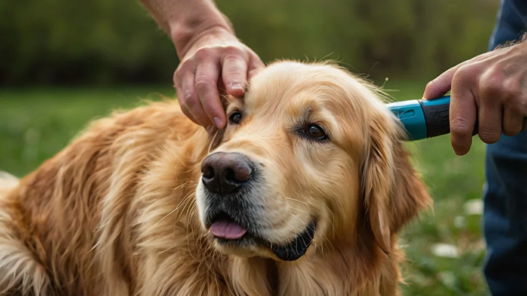 A Golden Retriever enjoying professional grooming services, including a thorough bath, coat trimming, nail clipping, and ear cleaning. Professional grooming keeps your pet looking fabulous and feeling healthy.