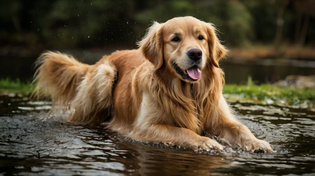 Golden Retriever getting groomed by a professional groomer to maintain its shiny coat and hygiene. Regular grooming is essential for Golden Retrievers to prevent matting, reduce shedding, and enhance overall health.