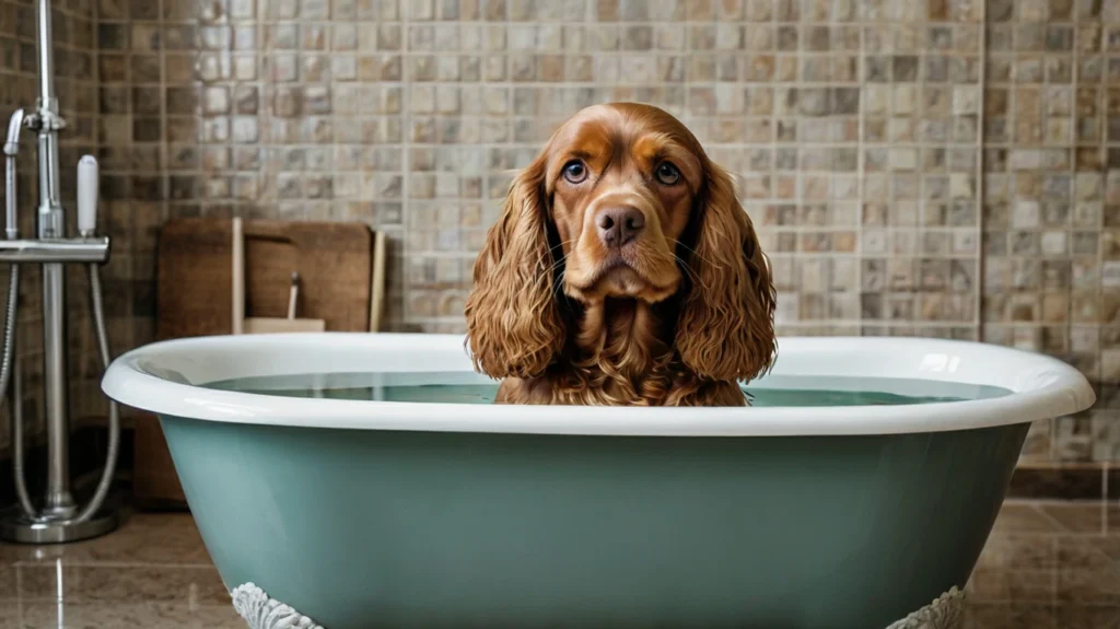 Bathing a Spaniel with gentle dog shampoo and thorough rinsing to maintain a clean and healthy coat